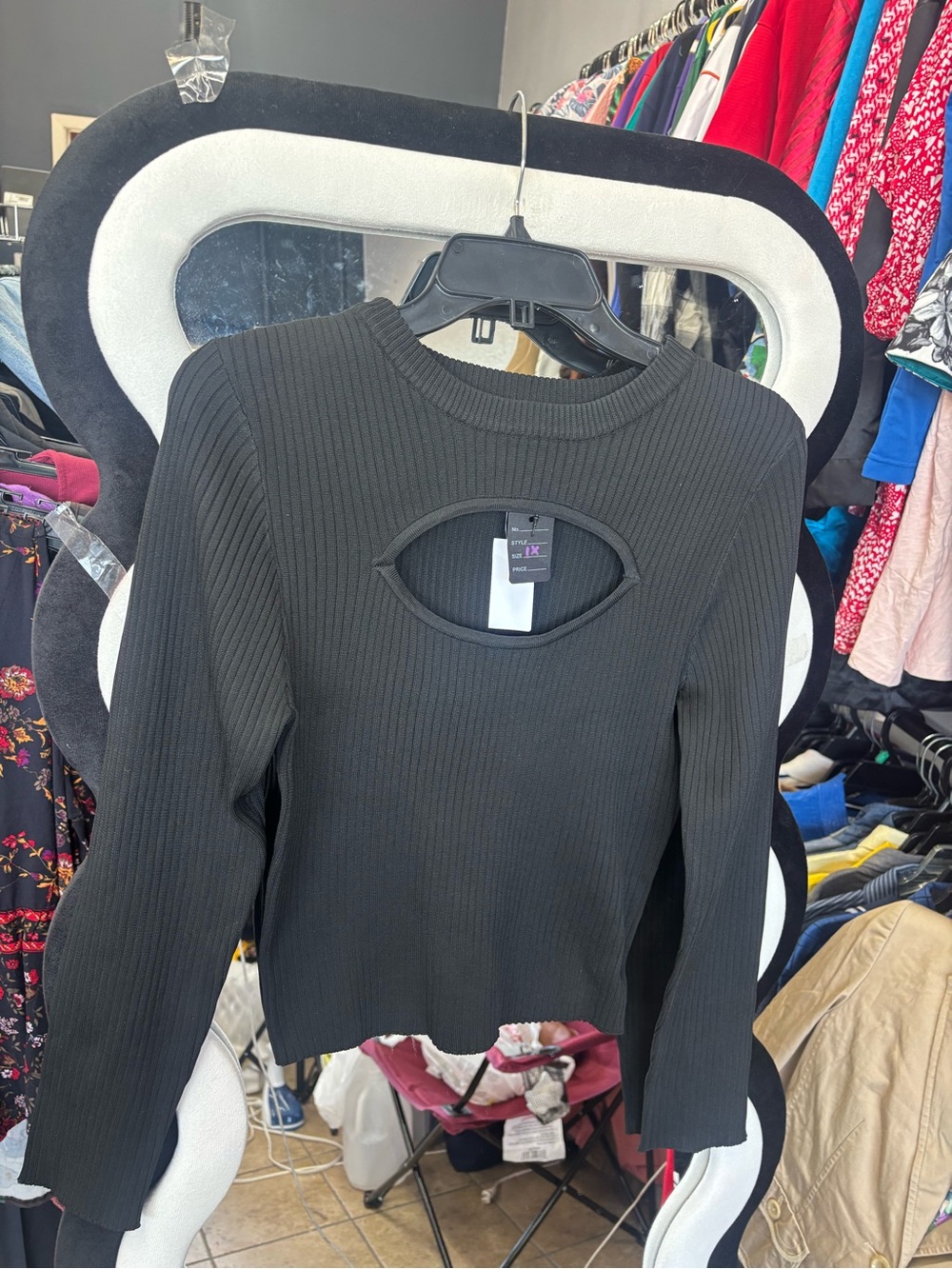 Black Ribbed Long-Sleeve Top with Front Keyhole by Xhilaration